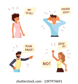Set of Diverse people characters face emotions. Portraits with different expressions and speech bubbles above. Flat Art Vector illustration