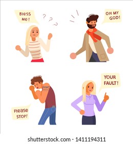 Set of Diverse people characters face emotions. Portraits with different expressions and speech bubbles above. Flat Art Vector illustration