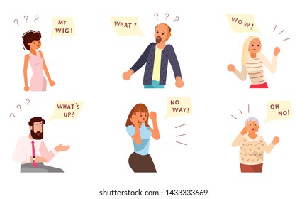 Set of Diverse people characters face emotions. Portraits with different expressions and speech bubbles above. Flat Art Vector illustration