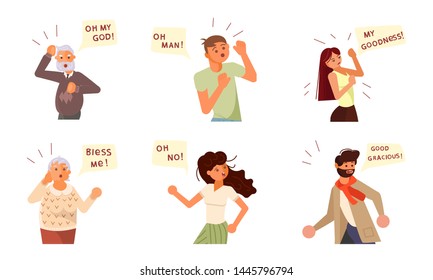 Set of Diverse people characters face emotions. Portraits with fear and anxiety expressions and speech bubbles above. Flat Art Vector illustration
