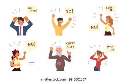 Set of Diverse people characters face emotions. Portraits with outrage and protest expressions and speech bubbles above. Flat Art Vector illustration