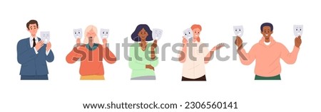 Set of diverse people characters hiding faces behind of social masks showing fake emotions