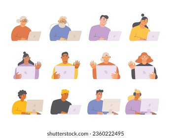 Set of diverse people characters working with computers. Flat cartoon vector illustration. 