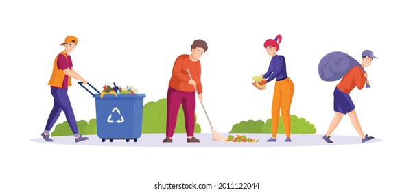 Set of diverse people clean up garbage. Man woman children volunteers cleaning from waste, pickup into bags and containers. Waste collectors team and families collecting trash together cartoon vector