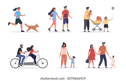 Set of diverse people. Collection of images with people in street. Mother with stroller, child with bike, runner, happy family. Cartoon flat vector illustrations isolated on white background