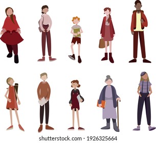Set of diverse people. Community of ordinary people and people with disabilities. Old, young and students - man and woman.
Flat vector illustrations. Good for website design, for banner.