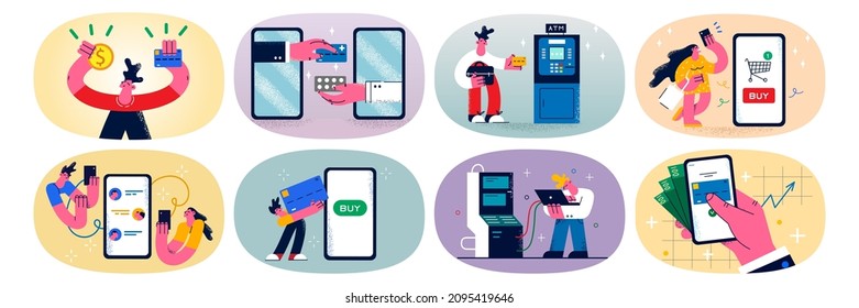 Set of diverse people with credit card and smartphone pay online or withdraw money on atm machine. Collection of buyer or client shopping on internet on cellphone. Flat vector illustration. 