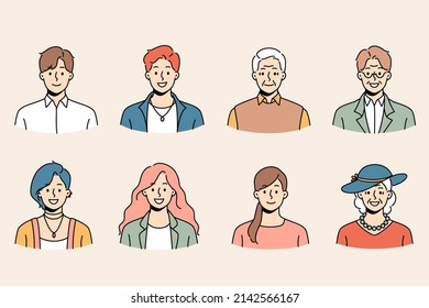 Set of diverse people of different ages and genders profile pictures. Collection of smiling young and old men and women avatar portraits and faces. Generation and diversity. Vector illustration.  svg