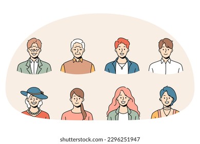 Set diverse people different ages   genders profile pictures  Collection smiling young   old men   women avatar portraits   faces  Generation   diversity  Vector illustration 