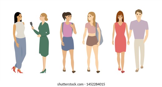 Set of diverse people in different clothes on white background. Flat cartoon vector illustration.