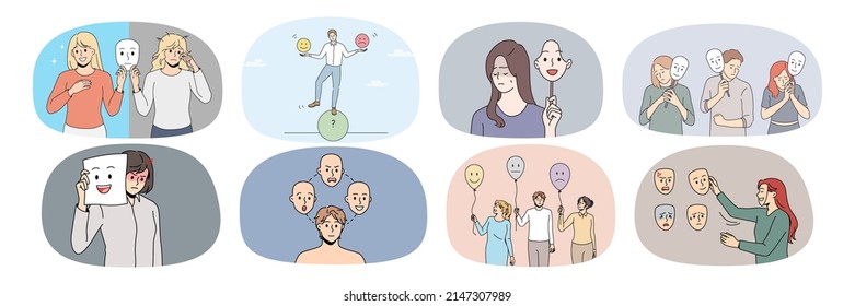 Set of diverse people with different emotions have bipolar disorder need psychological help. Collection of unhealthy men and women suffer from mental psychiatric problems. Vector illustration. 