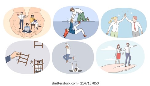 Set of diverse people in different life situations help each other. Collection of colleague or coworkers give helping hand to close. Teamwork and support. Cooperation. Vector illustration. 