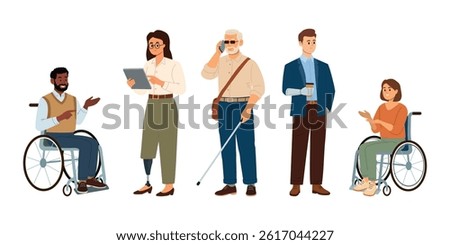 Set of diverse people with disabilities. Blind character, man and woman in wheelchair, with prosthesis. Vector hand drawn illustration