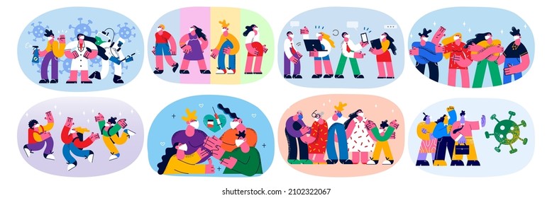 Set of diverse people and doctor fight protect from corona virus pandemics. Collection of medical workers and citizens safety measures against covid-19. Healthcare, vaccination. Vector illustration.