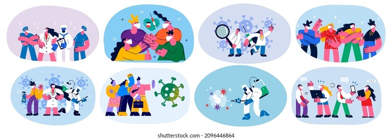 Set of diverse people and doctors fight with corona virus wear facemasks get vaccinated. Collection of citizens and medical workers protect from covid-19 pandemic. Vaccination. Vector illustration. 