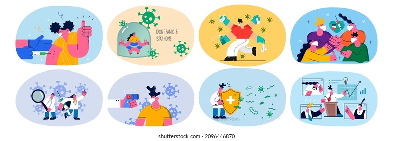 Set of diverse people and doctors fight protect from corona virus epidemic. Collection of men and women live with covid-19, vaccinate and disinfect hands, wear masks for safety. Vector illustration. 