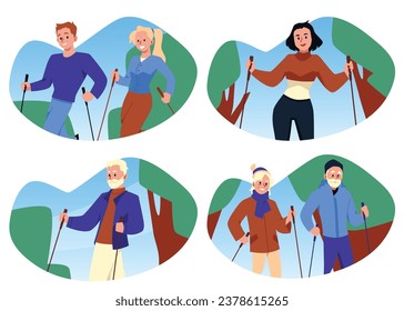 Grupo de personas diversas haciendo caminatas nórdicas, ilustración vectorial plana aislada en fondo blanco. Conceptos de deporte y estilo de vida saludable. Jóvenes y ancianos con bastones para caminar.