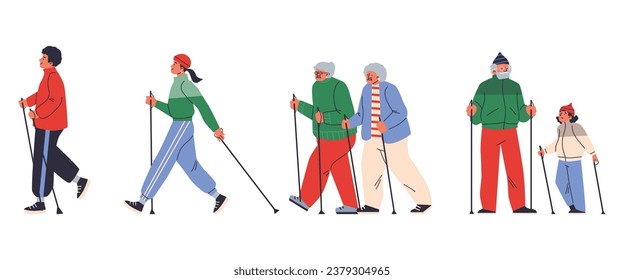 Grupo de personas diversas haciendo caminatas nórdicas, ilustración vectorial plana aislada en fondo blanco. Viejos y jóvenes haciendo ejercicio. Mujeres mayores con bastones para caminar.