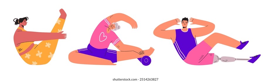 Set of diverse people doing pilates isolated. Physical activity concept. Vector hand drawn illustration.