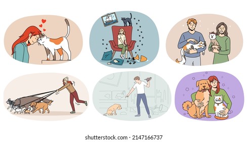 Set of diverse people with domestic animals show love and care. Collection of men and women with cats and dogs. Pets and little friends concept. Flat vector illustration. 