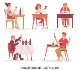 Set of diverse people eating in restaurants and cafes , flat vector illustration isolated on white background. Food critics or bloggers tasting different meals and drinks.