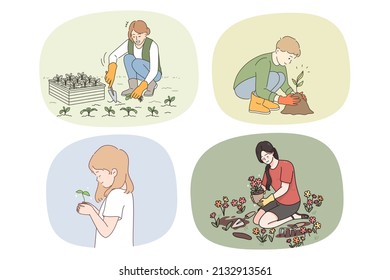 Un conjunto de personas diversas disfrutan de la jardinería de semillas de plantas y plántulas en el suelo. La colección de hombres y mujeres que participan en actividades de hobby trabaja con plantas y vegetación. Ilustración vectorial. 