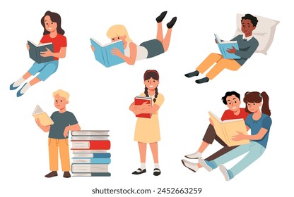 Set of diverse people enjoying reading. Vector illustrations of individuals and couples immersed in books, in various relaxed poses