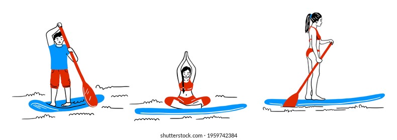 A set of diverse people enjoying stand-up paddles. Rowing yoga, sup board, water recreation, summer water sports. Flat vector illustration. doodle, doodle