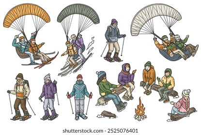 Set of diverse people enjoying winter sports, some are skiing, some are paragliding and some are warming up around a bonfire