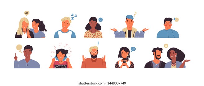 Set of diverse people expressing emotions on isolated background. Flat cartoon characters in different feelings. Includes sad, happy, tired and creative emotion.