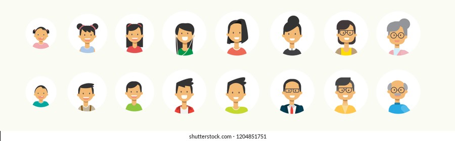 set diverse people face human multi generation portrait on white background, female male avatar flat vector illustration