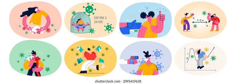 Set of diverse people in facemask and gloves take measures against corona virus. Collection of men and women in facial masks disinfect hands, get vaccinated against covid-19. Vector illustration. 