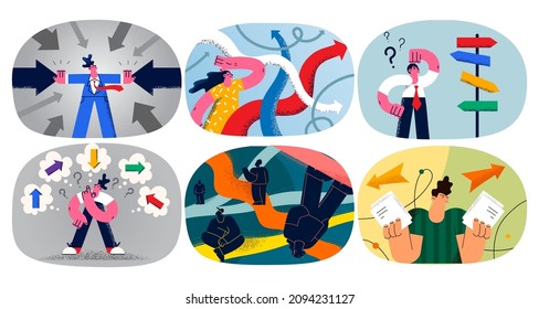 Set of diverse people feel confused doubtful searching for problem solution. Collection of men and women frustrated with decision or trouble solving, make choice option. Flat vector illustration.