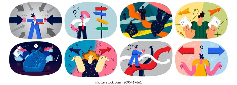 Set of diverse people feel confused making choice or life option. Collection of men or women and arrows facing different directions, businesspeople frustrated with dilemma. Vector illustration. 