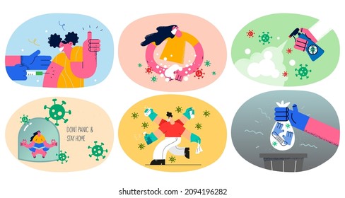 Set of diverse people fight with covid-19 pandemic, wear facemask disinfect hands. Collection of men or women take measures protect from corona virus epidemic. Healthcare. Vector illustration. 