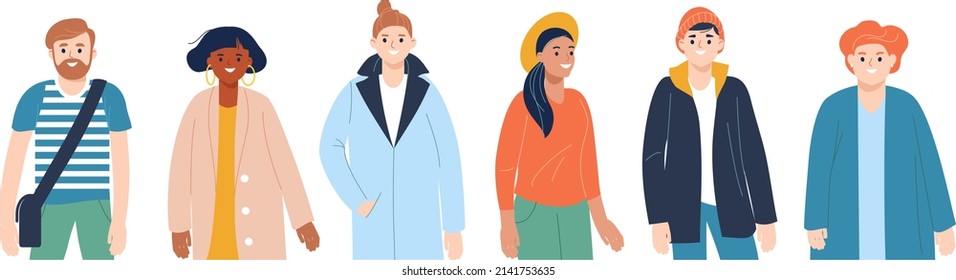 Set of diverse people in flat style. Happy smiling faces men and women. Group male and female characters in flat style isolated on white background. 