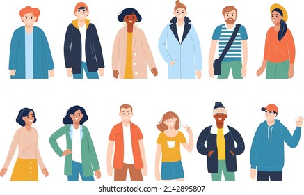 Set of diverse people in flat style. Happy smiling faces men and women. Group male and female characters in flat style isolated on white background. 