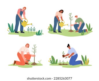 Conjunto de gente diversa jardinería, plantar árboles. Día Mundial del Medio Ambiente. Día de la Tierra. Reforestación, preocupación por la naturaleza. Actividades de la gente, estilo de vida, concepto de hobby. Ilustración vectorial plana