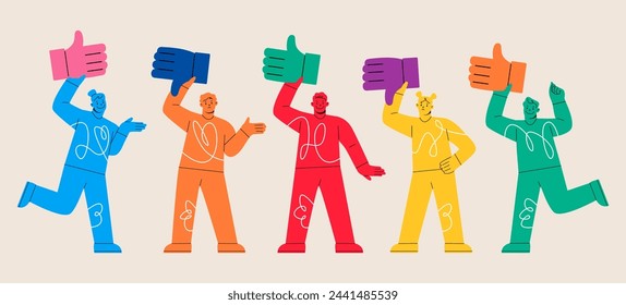 Conjunto de diversas personas dando calificación de revisión con los pulgares arriba y abajo. Colorida ilustración vectorial
