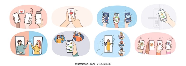 Set of diverse people hands hold cellphone in hands communicate online on gadget. Collection of users enjoy texting messaging on smartphone. Communication and social media. Vector illustration. 