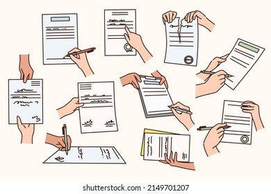 Set of diverse people hands put signature close contract or make agreement. Collection of person sign or dissolve paperwork. Negotiation and official document. Vector illustration. 