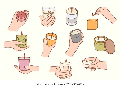 Set of diverse people hold candles make cozy atmosphere at home. Collection of modern scented wax candles with essential oils. Aromatherapy and hygge concept. Vector illustration. 