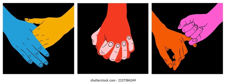 Set of diverse people holding hands, colorful flat cartoon illustration style. Couple in love, teamwork or friendship concept collection.