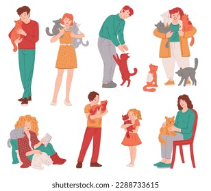 Set of diverse people hugging and cuddling cats, cartoon flat vector illustration isolated on white background. Adults and children playing with kittens. Pet owning and adoption concepts.