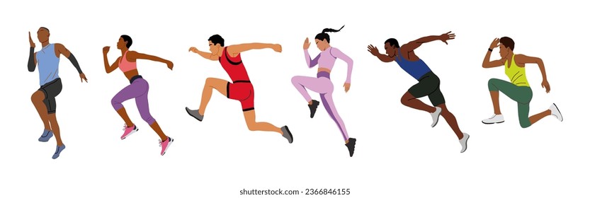 Set of diverse people Jogging, running. Active healthy lifestyle. Sportsman, athlete exercising, taking part in competition, marathon, workout. Flat vector illustration on white background.	