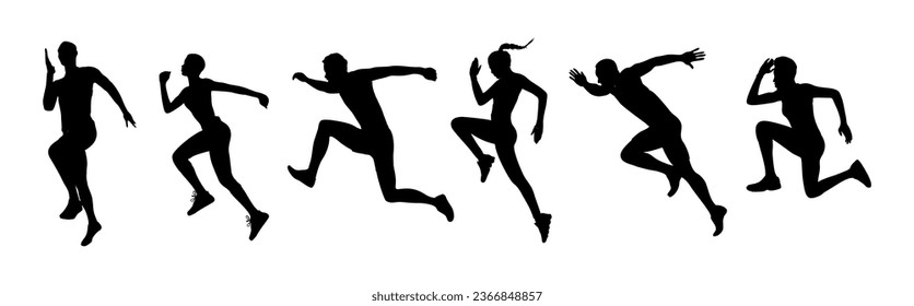 Set of diverse people Jogging, running silhouettes. Active healthy lifestyle. Sportsman, athlete exercising, taking part in competition, marathon, workout. Vector black isolated on white background.