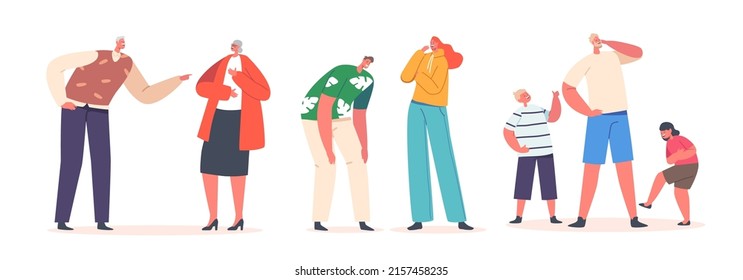 Set of Diverse People Laughing at Something Funny. Young and Senior Men, Women and Kids Characters Crying of Laughter Stand in Row Isolated on White Background. Cartoon People Vector Illustration