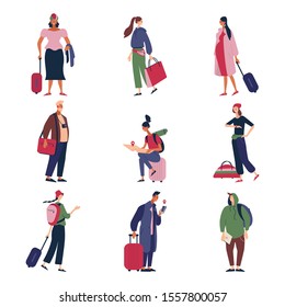 Set of Diverse People with Luggage and Maps Traveling. Male, Female Tourist Characters Staying at Night, Accommodation for Travelers. Cartoon Flat Vector Illustration.