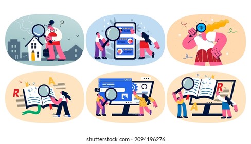 Set of diverse people with magnifying glass look for problem solution. Bundle of men and woman with magnifier find answer to trouble, search option or choice. Flat vector illustration. 