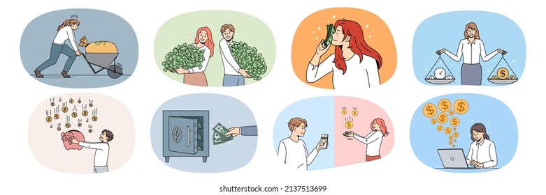 Set of diverse people with money piles get financial profit or income. Collection of men and women excited with money revenue, get dividend or passive capital. Finances. Vector illustration. 